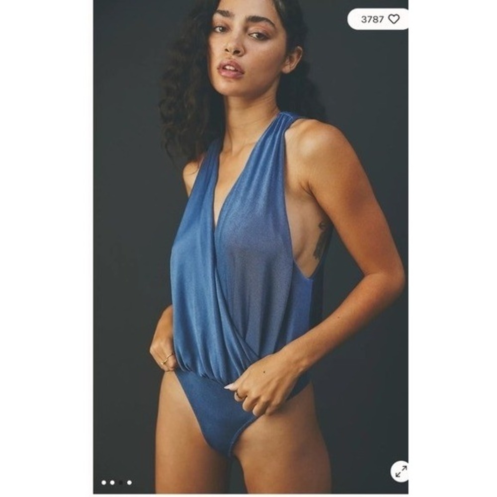 Free People‎ Bodysuit Womens XS Blue Metal Deep V Neck Wrap Shimmer NWT